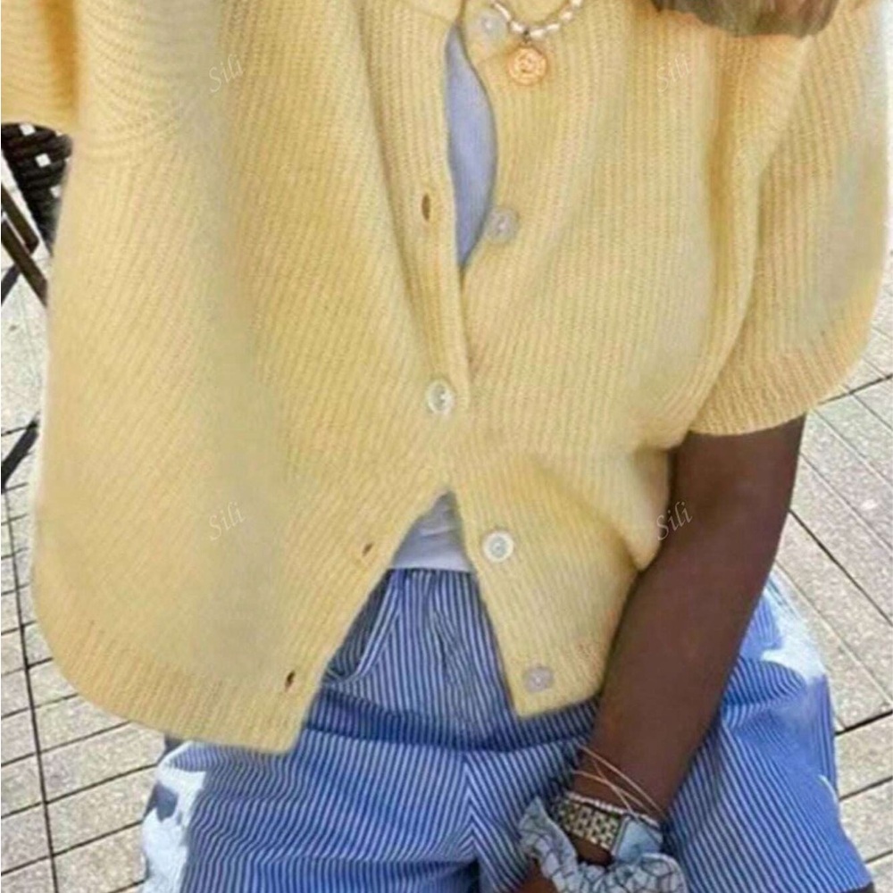 SHEIN Yellow Ribbed Knit Cardigan Sweater